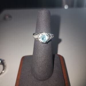 925 STERLING SILVER SZ 5.5 AQUAMARINE STONE & WHITE STONE COCKTAIL RING